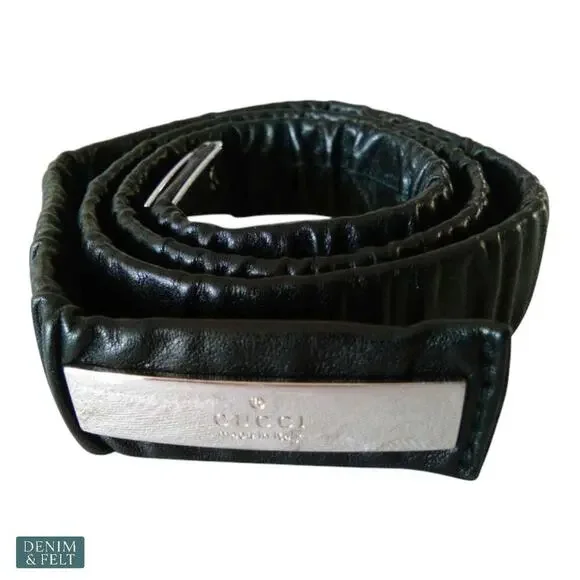 Gucci Black Leather Ruched Stretch Belt w/ Silver Logo Plate 